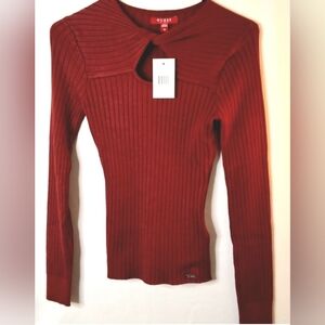 GUESS Red Ribbed Twist Front Keyhole Top Fitted Long Sleeve NWT Y2K Size M